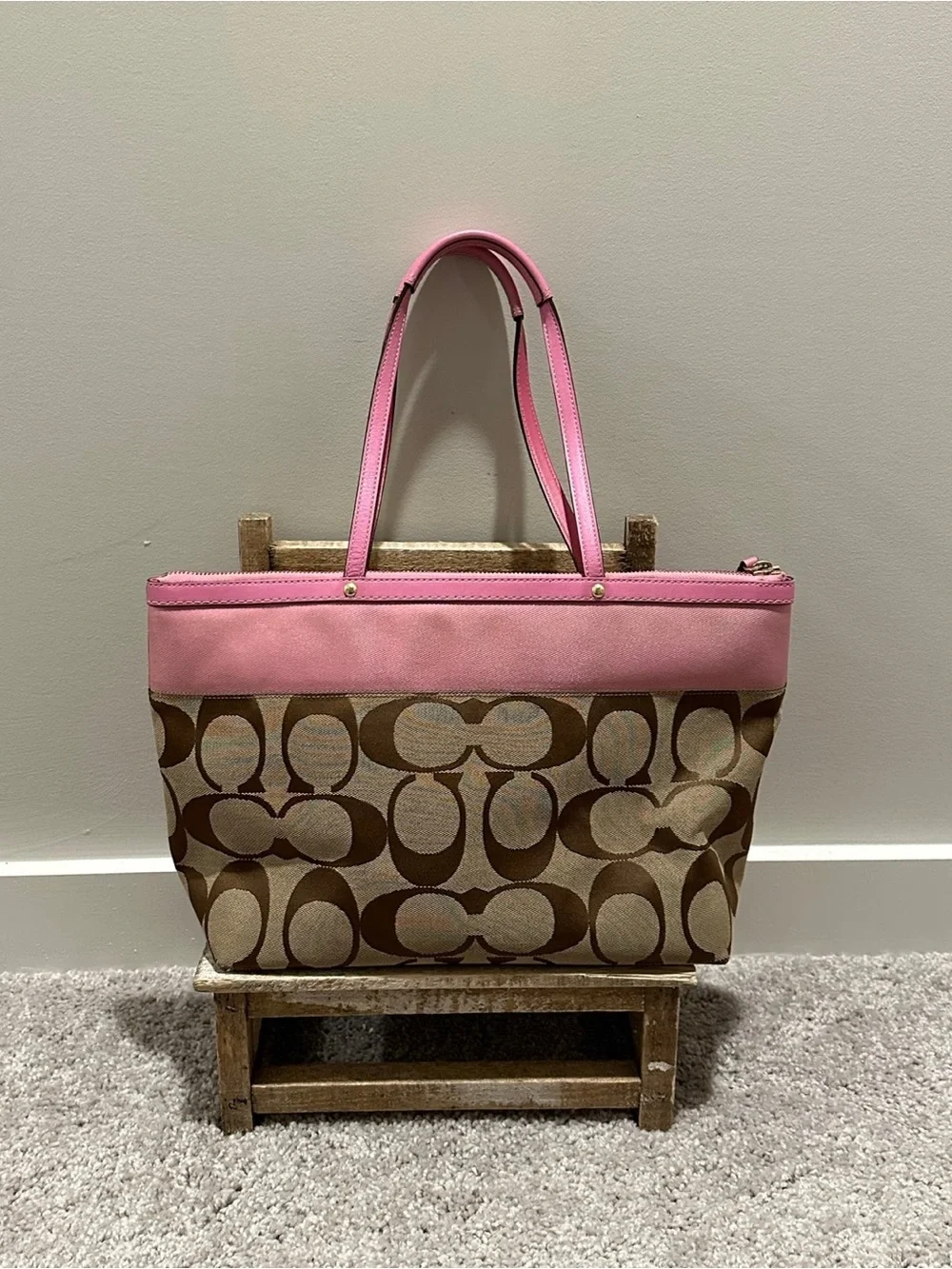 Vintage Coach Pink Signature Stripe Front Pocket Zip Top Shoulder Tote Bag